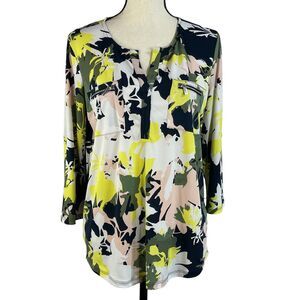 Ellen Tracy Medium Top Abstract 3/4 Roll-Tab Sleeve V-Neck Stretch Hi-Low Hem